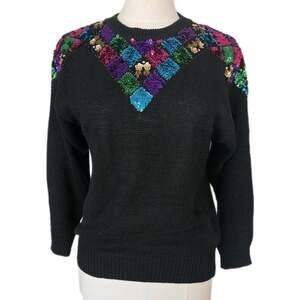 Vintage Sequin Colorblock 80s 90s Knit Sweater By Mister Noah